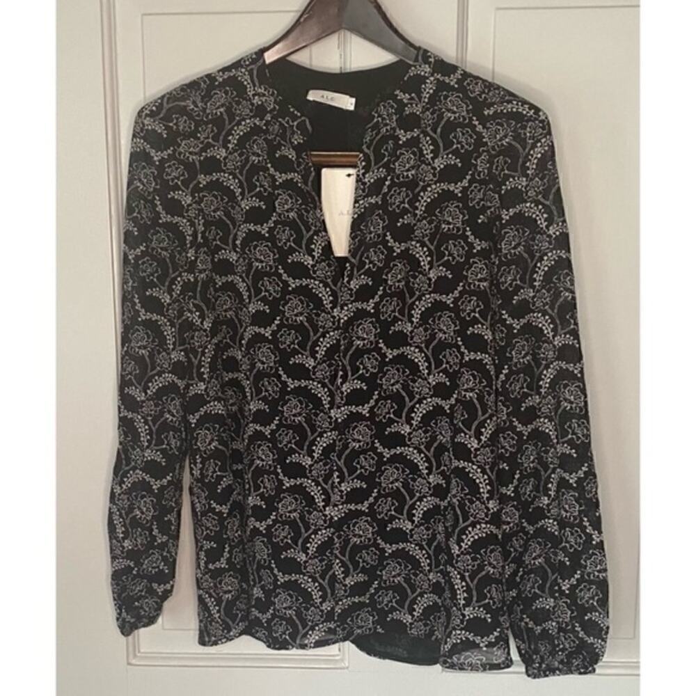 A.L.C. Adara Black and White Floral Long Blouson Sleeve Silk Blend Top 4 NWT - Picture 4 of 7